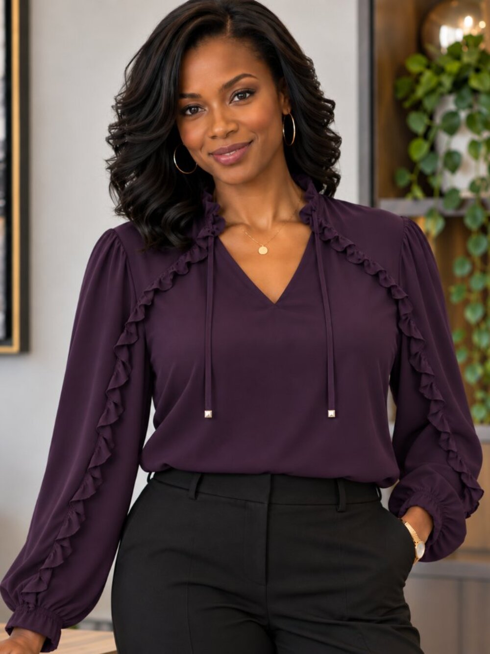 Calvin Klein Plum Ruffle V-Neck Blouse - Large - LIKE NEW